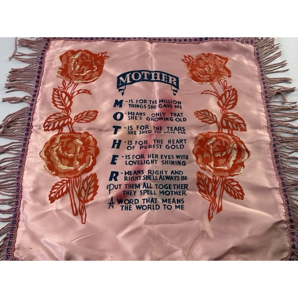 Vintage Satin Mother Poem Pillowcase Pink Floral Fringe Sentimental Decor